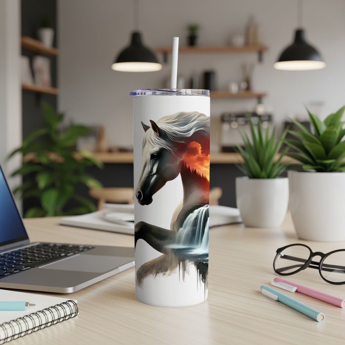 White tumbler with horse silhouette, waterfall, and sunset graphic.