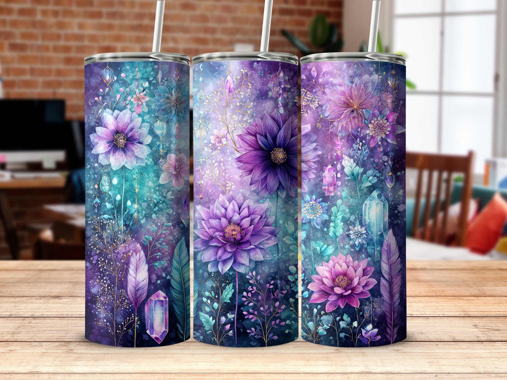 Stunning Floral Design Tumbler Set with Purple Hues