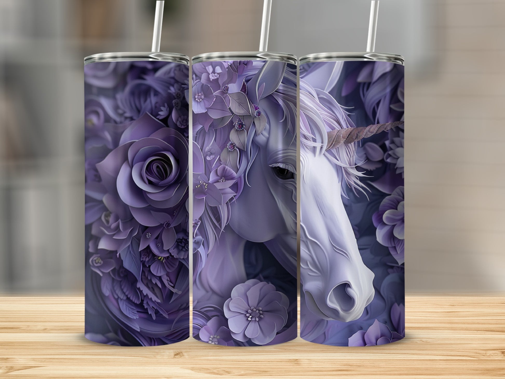 Purple unicorn with floral accents on a tumbler, displayed on a wooden surface.