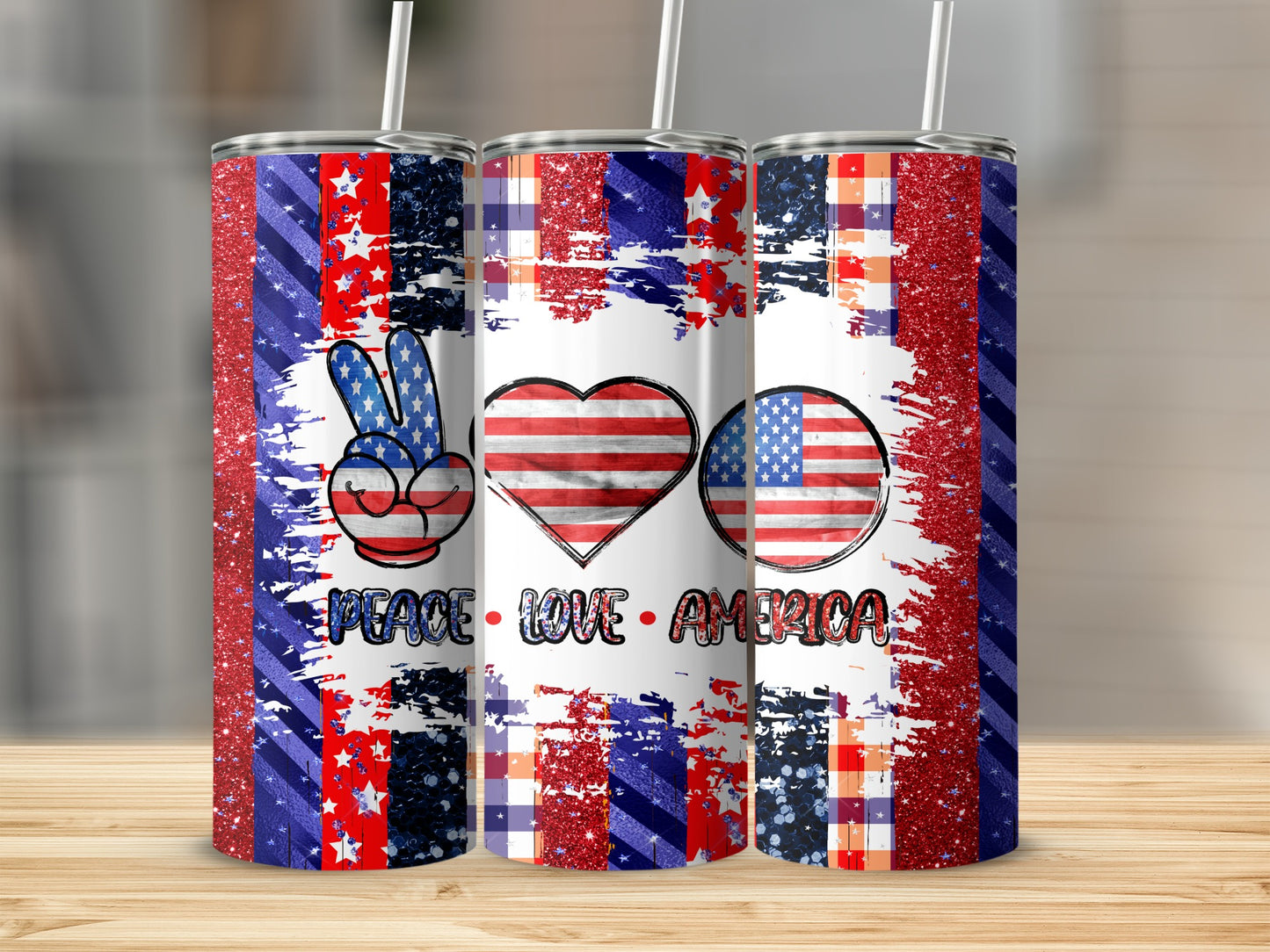 Peace Love America tumbler with American flag designs.