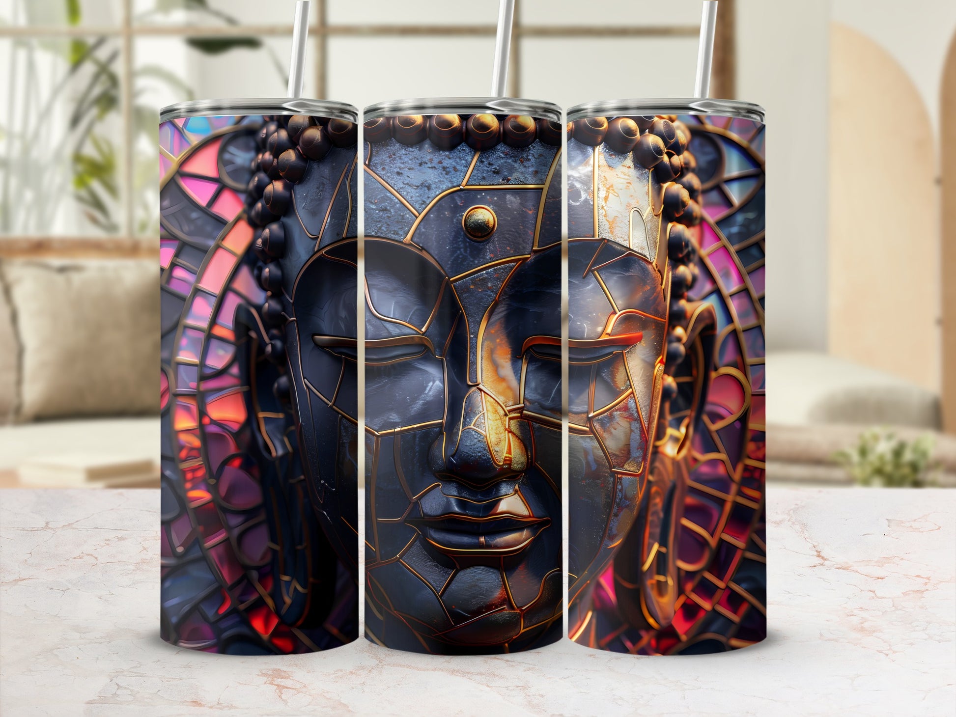 Three tumblers featuring a detailed Buddha face with stained-glass accents.