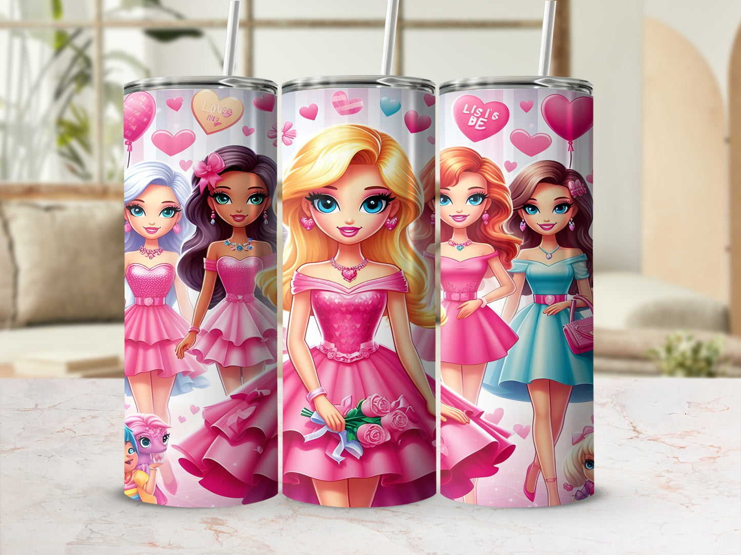 Three dolls in pink dresses with hearts on tumblers.