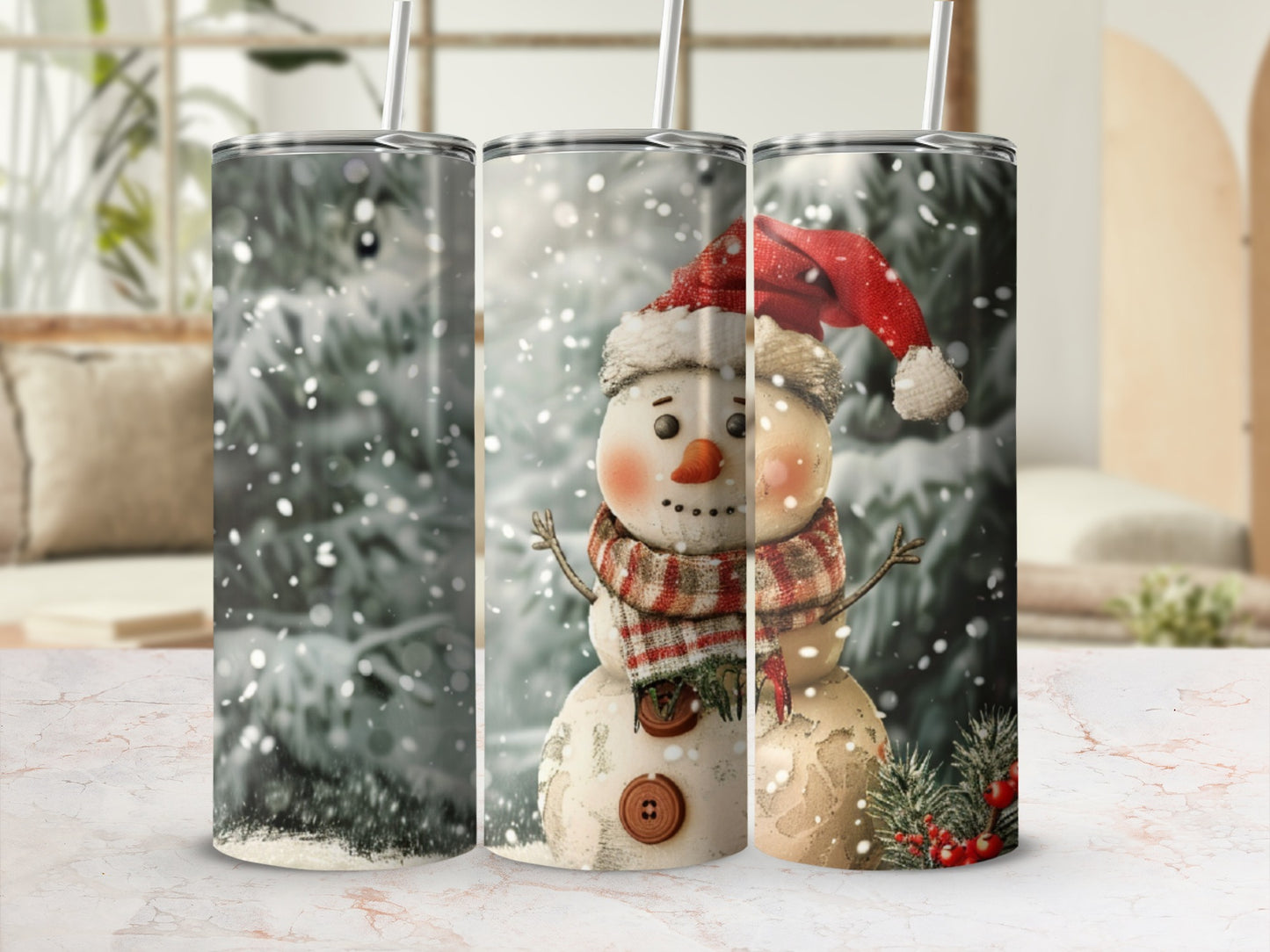 Three tumblers showing a festive snowman with a red hat and scarf in a snowy forest.