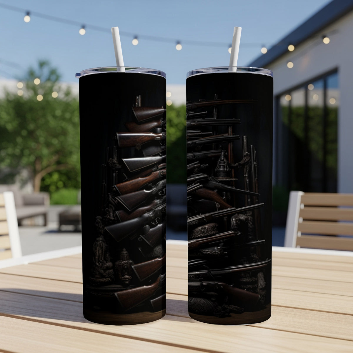 Tumbler with antique firearm pattern, featuring wood stocks and metal barrels.
