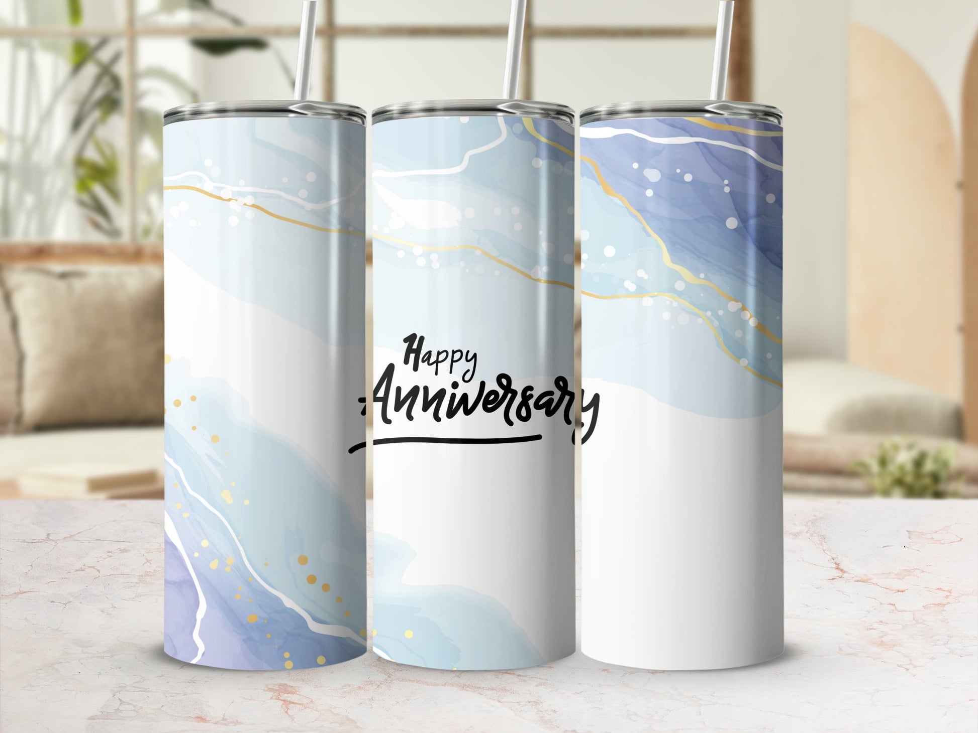 Happy Anniversary tumbler with abstract blue and gold watercolor design.