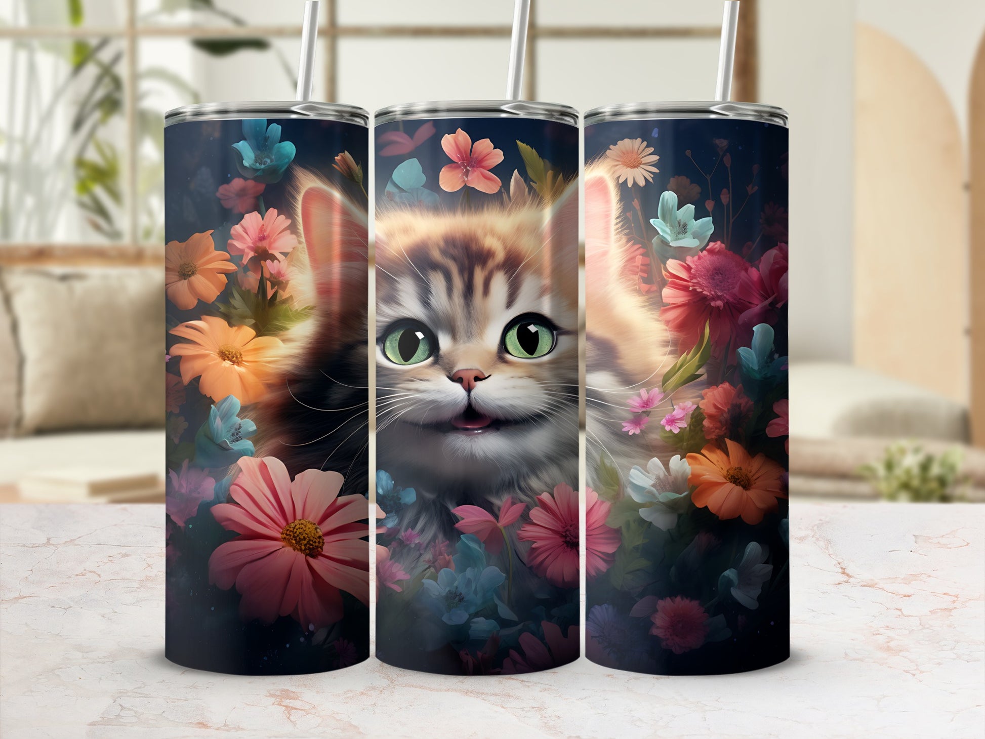 Kitten surrounded by colorful flowers on a dark background tumbler.