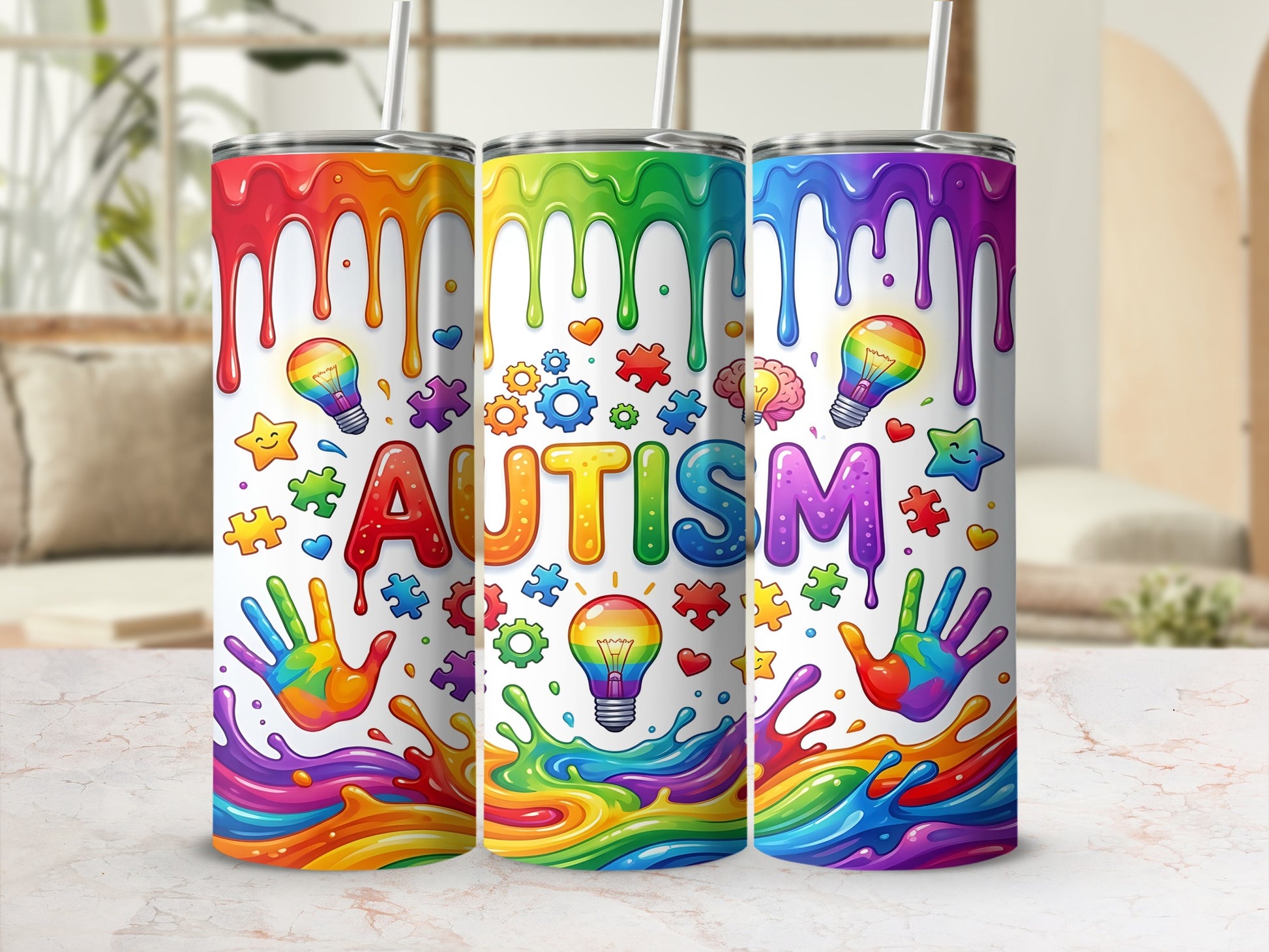 Rainbow and colorful water splash design with "AUTISM" text and awareness symbols.