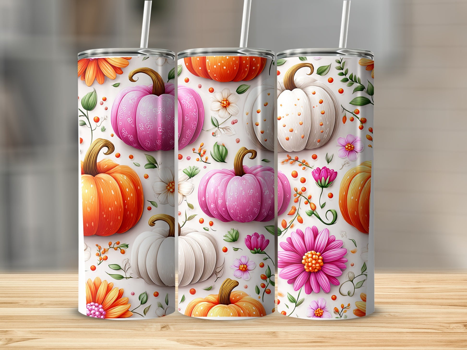 Pumpkin and Flower Print Drink Tumblers