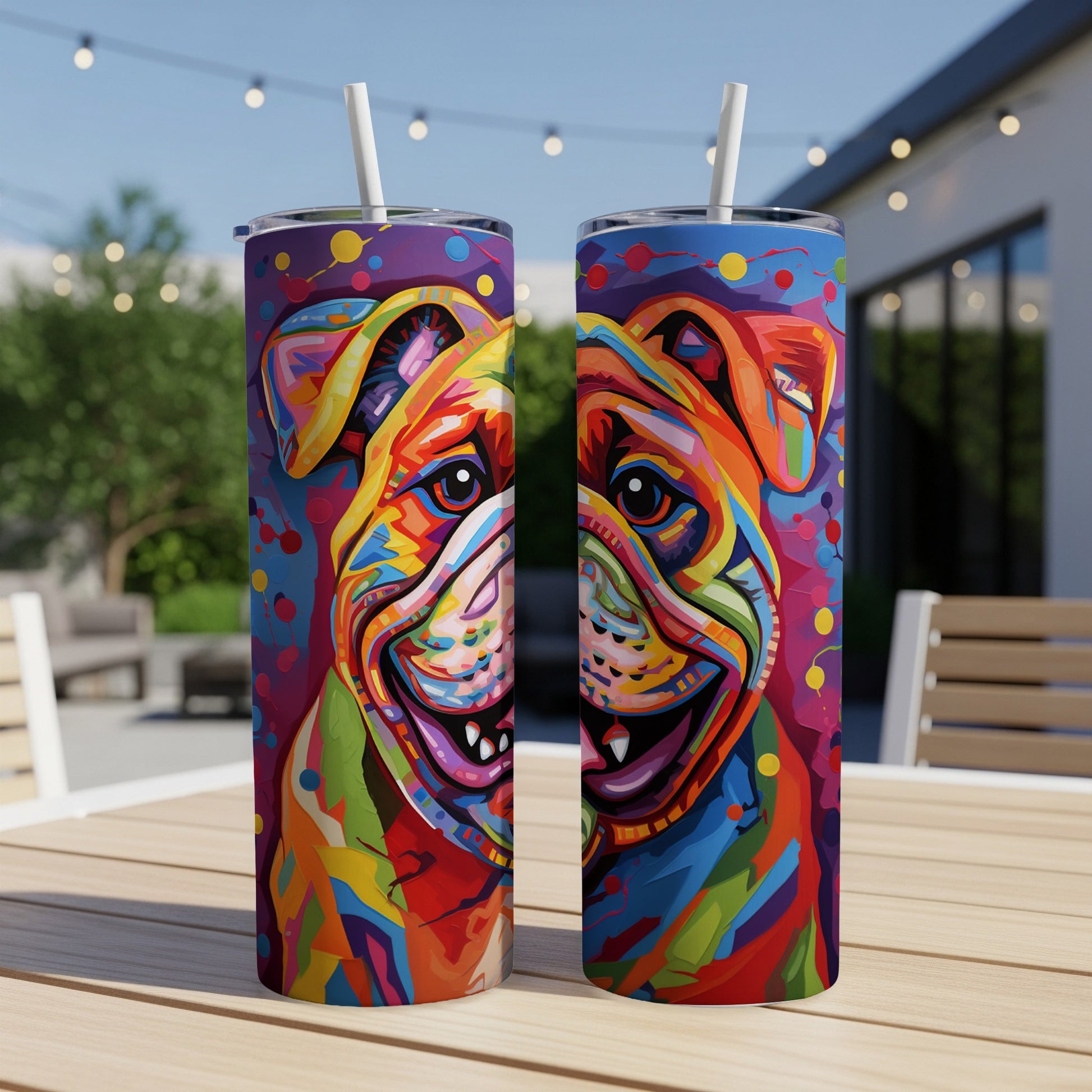 Two colorful tumblers featuring abstract, vibrant bulldog designs on a wooden table.