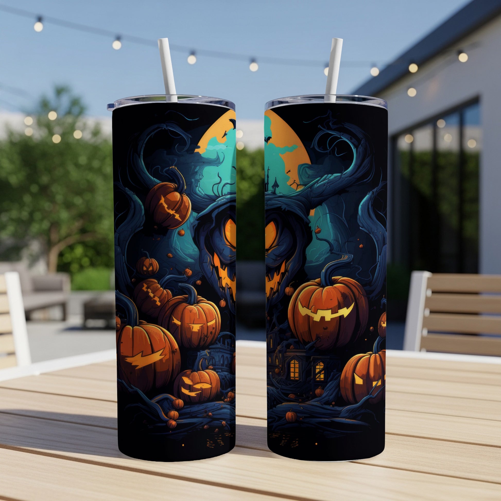 Two tumblers with a spooky Halloween scene featuring pumpkins, a haunted house, and a moon.
