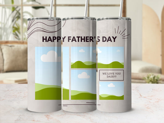 Three tumblers with "HAPPY FATHER'S DAY" and "WE LOVE YOU DADDY!" text.