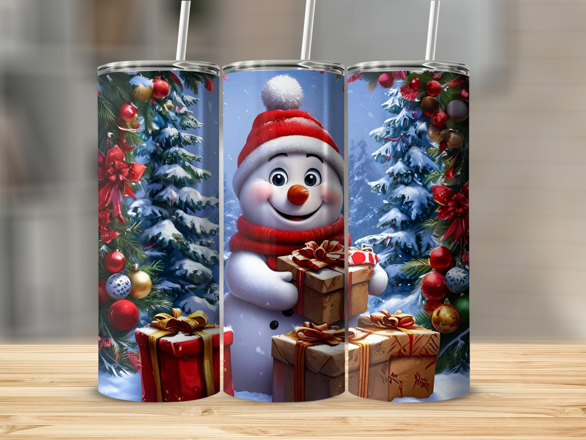 Festive Snowman and Christmas Tree Tumbler Cups