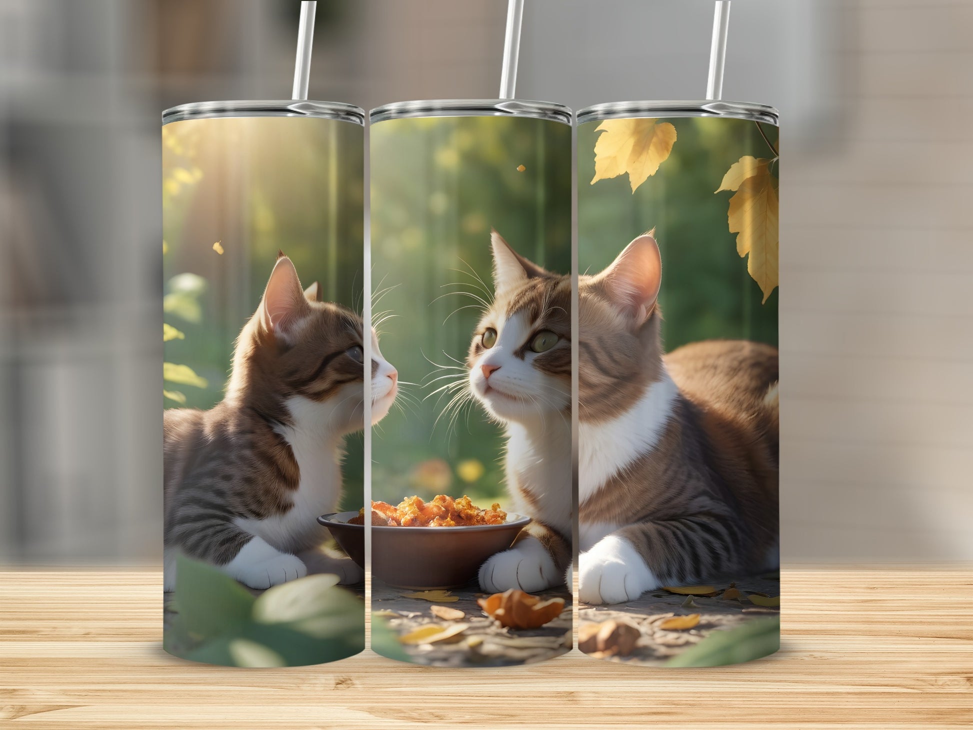 Three tumblers featuring two cats looking at a bowl of food.