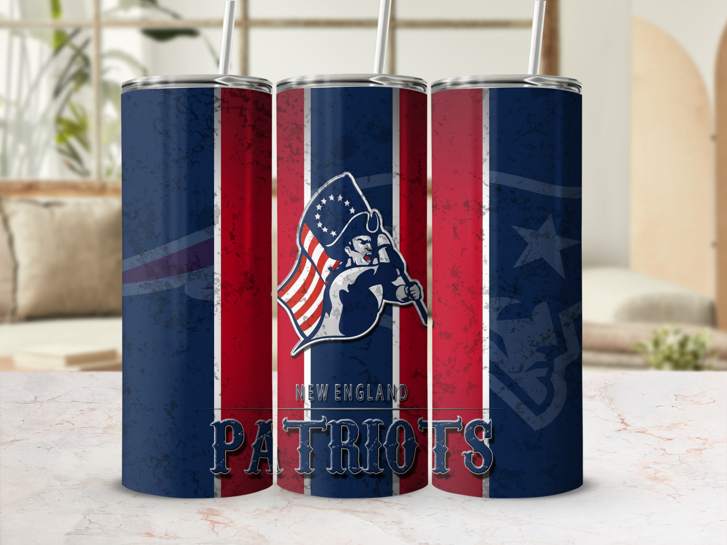 New England Patriots tumbler with distressed stripes and team logo and name.