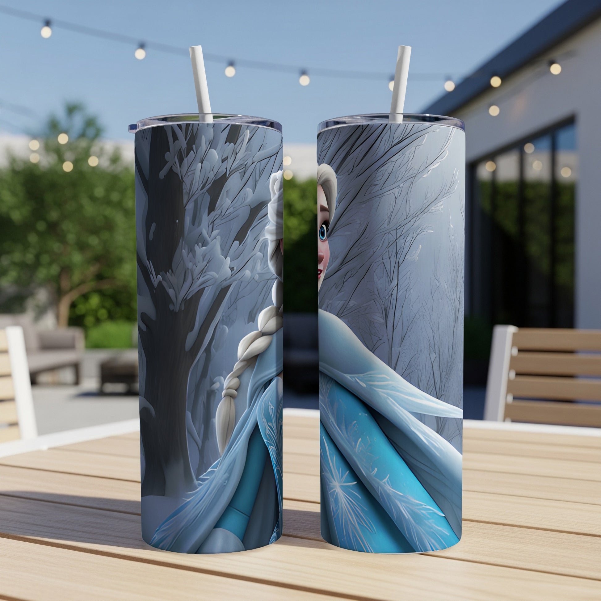 Elsa from Frozen on two tumblers with straws, outdoors.