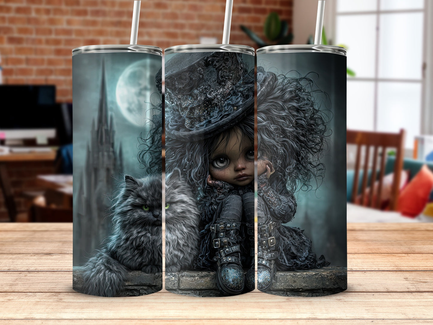 Spooky Gothic Doll and Cat Design Tumbler product