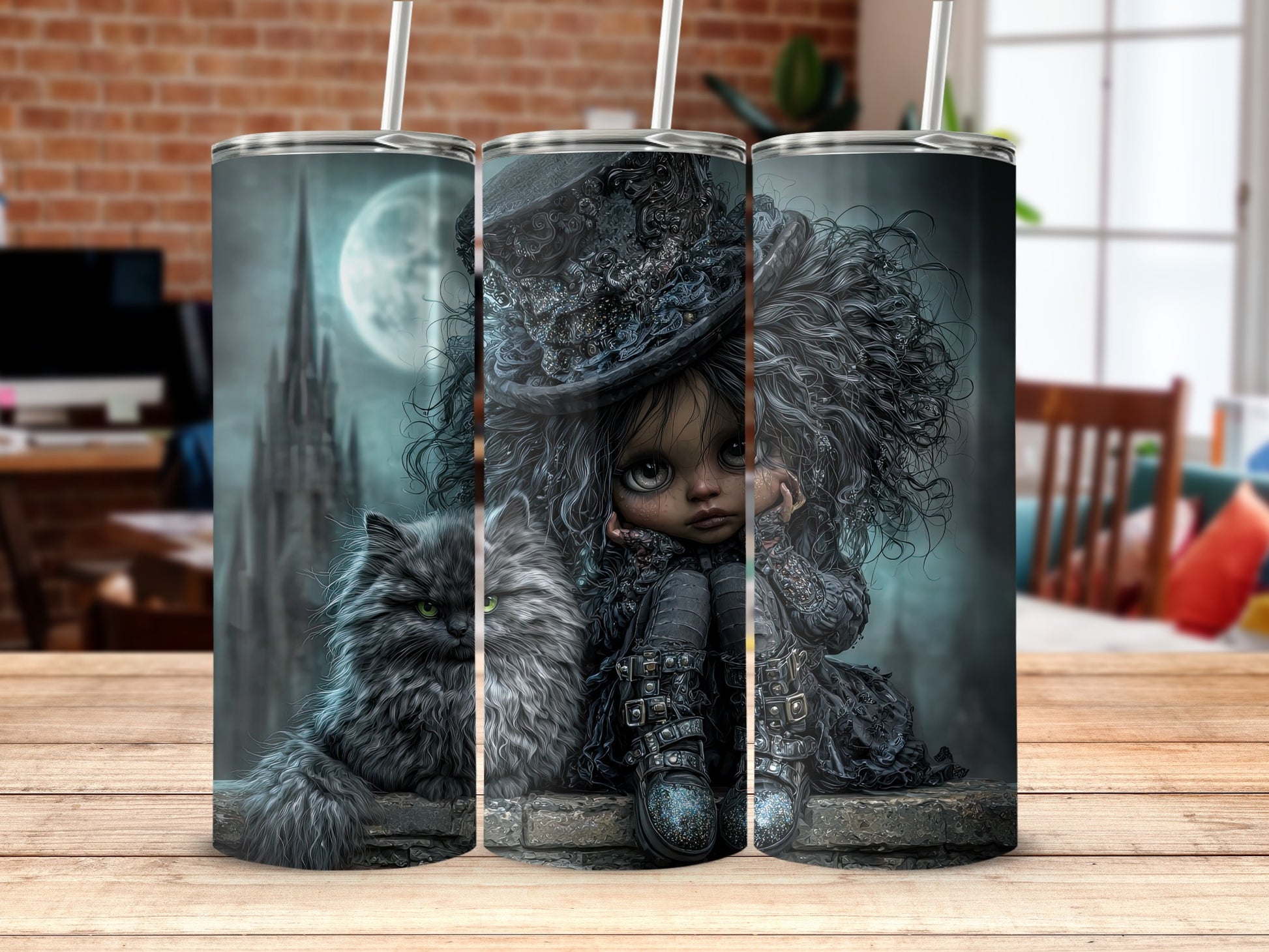 Spooky Gothic Doll and Cat Design Tumbler product