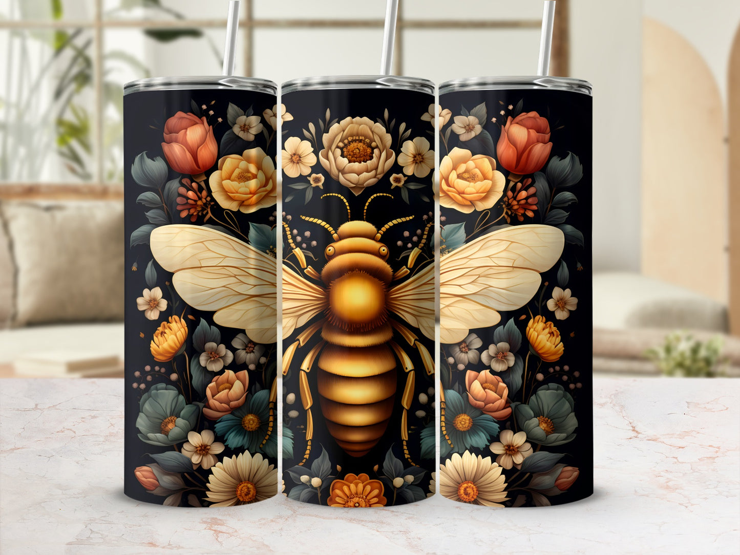 Bee and floral design on a black skinny tumbler with straw.