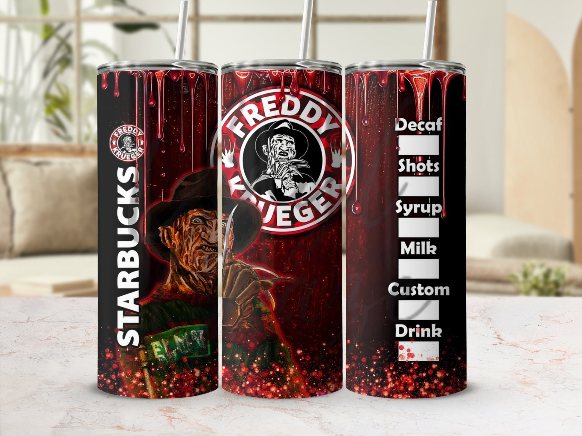Freddy Krueger themed tumbler with Starbucks and drink customization text.