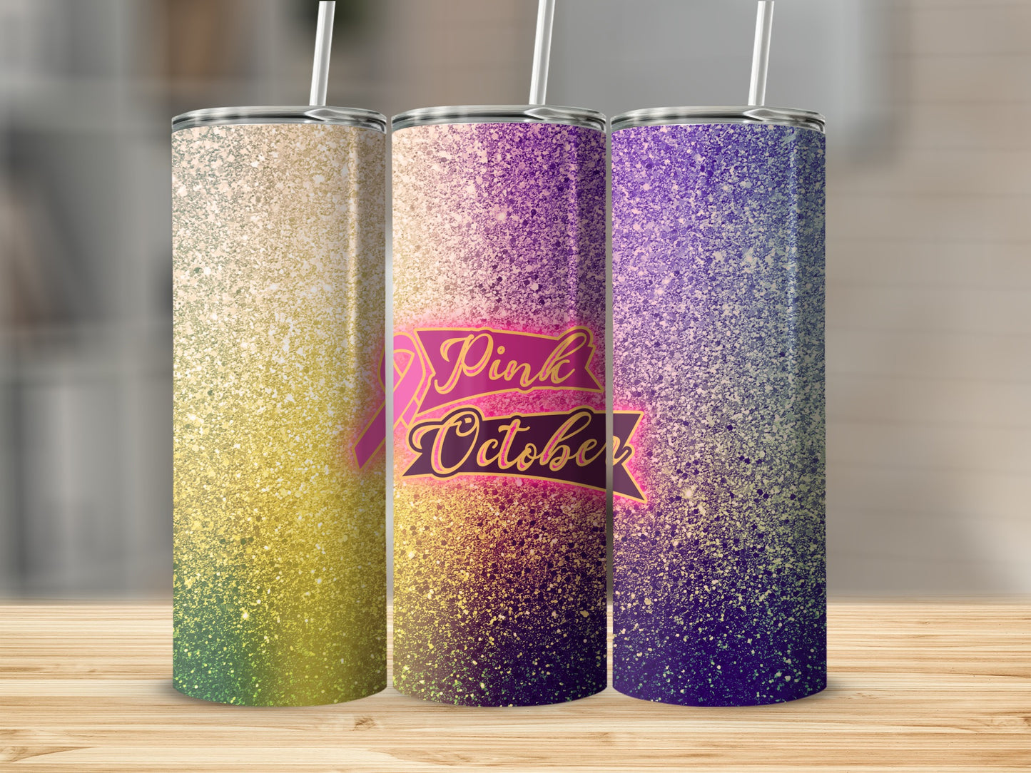 Three glitter-covered tumblers with "Pink October" ribbon design.