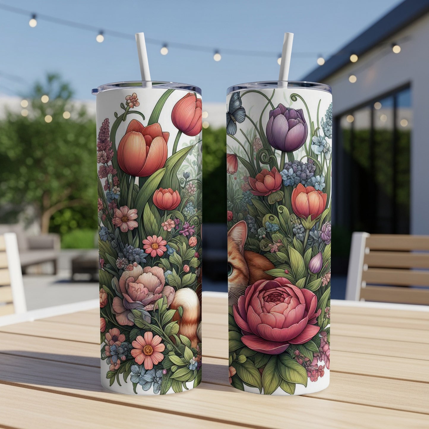 Two floral tumblers featuring a fox, flowers, and butterflies.
