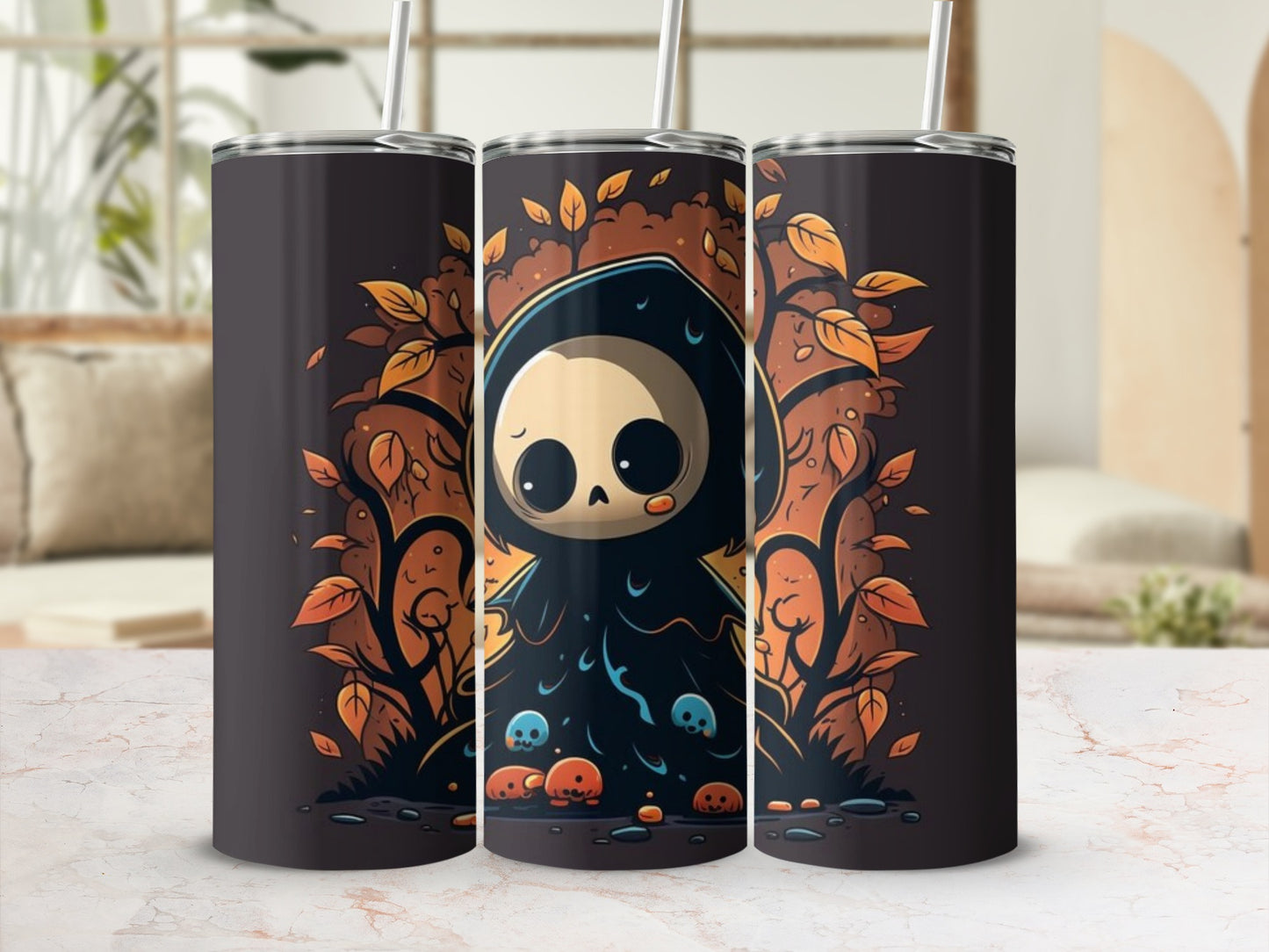 Cute Grim Reaper Illustration Tumbler with Autumn Leaves