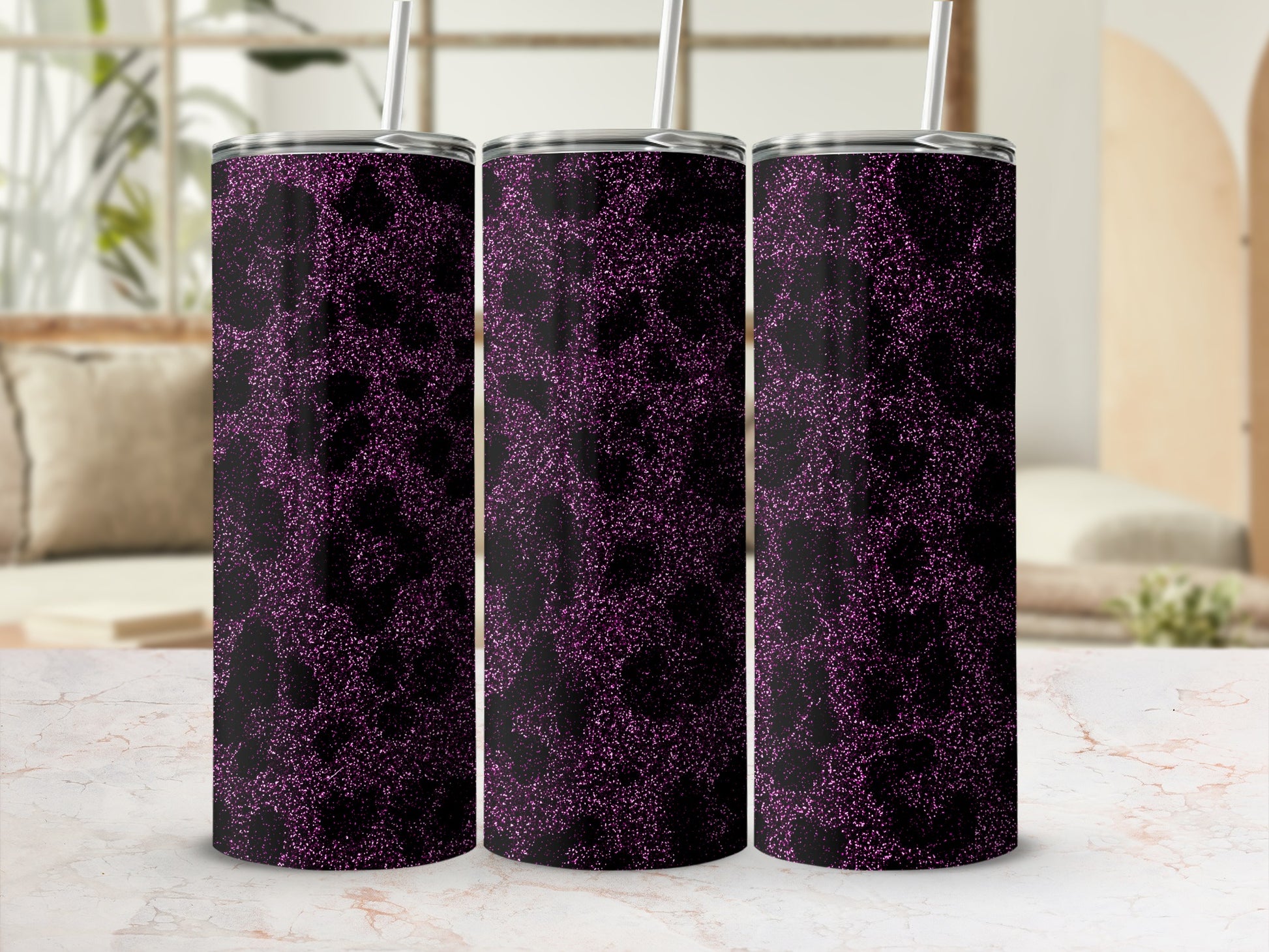 Glitter Purple Leopard Print Insulated Tumbler Flask