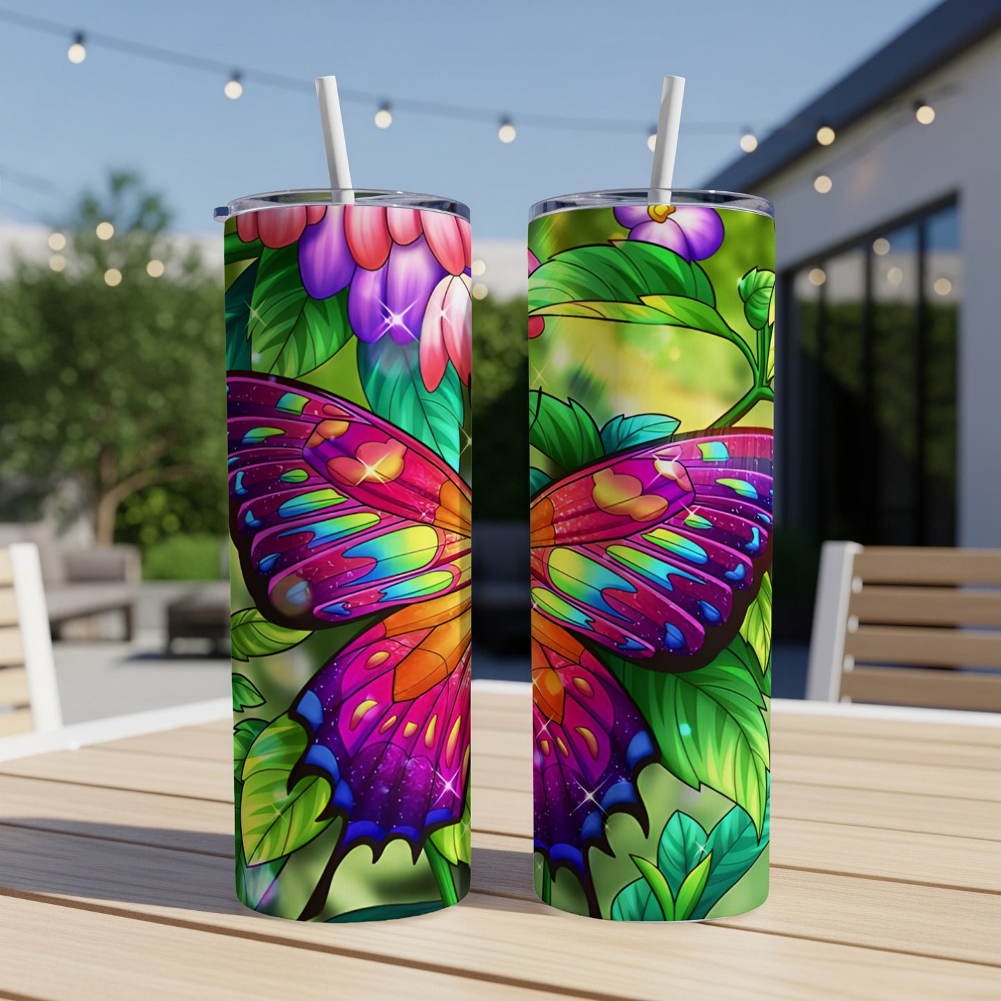 Two tumblers with colorful butterfly wings and floral designs on an outdoor table.