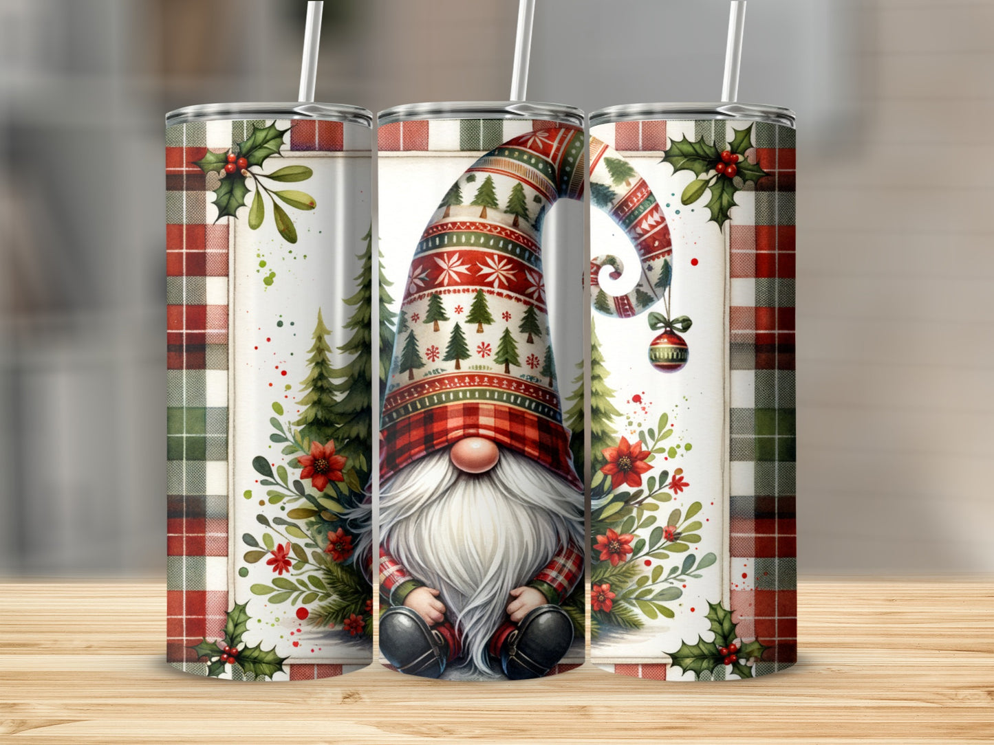 Three tumblers with Christmas gnome, trees, and plaid designs.