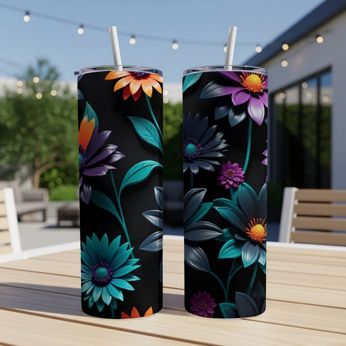 Two black tumblers with vibrant floral patterns, each with a straw.