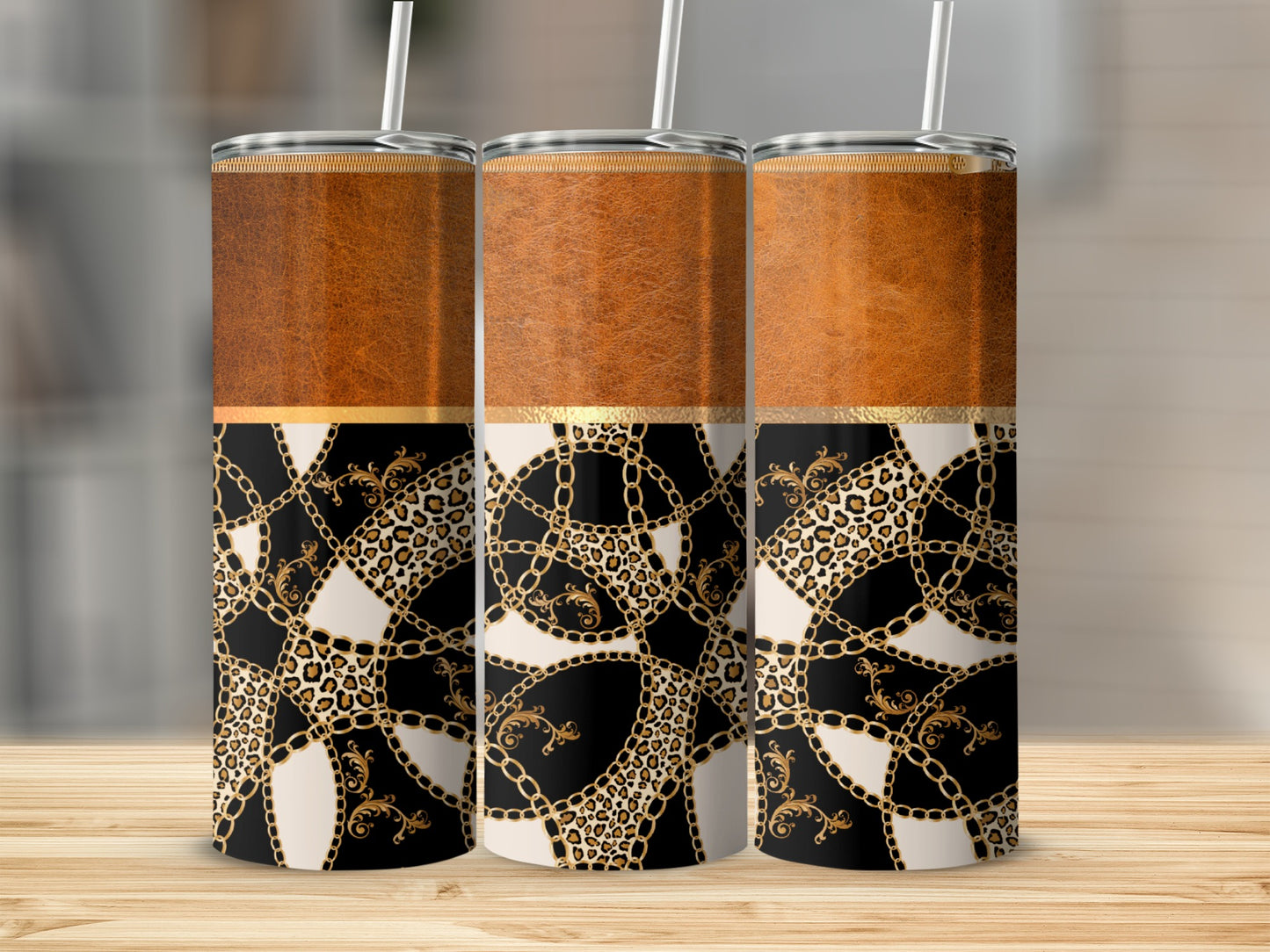 Three tumblers with leather, gold, chain, leopard print, and damask patterns.
