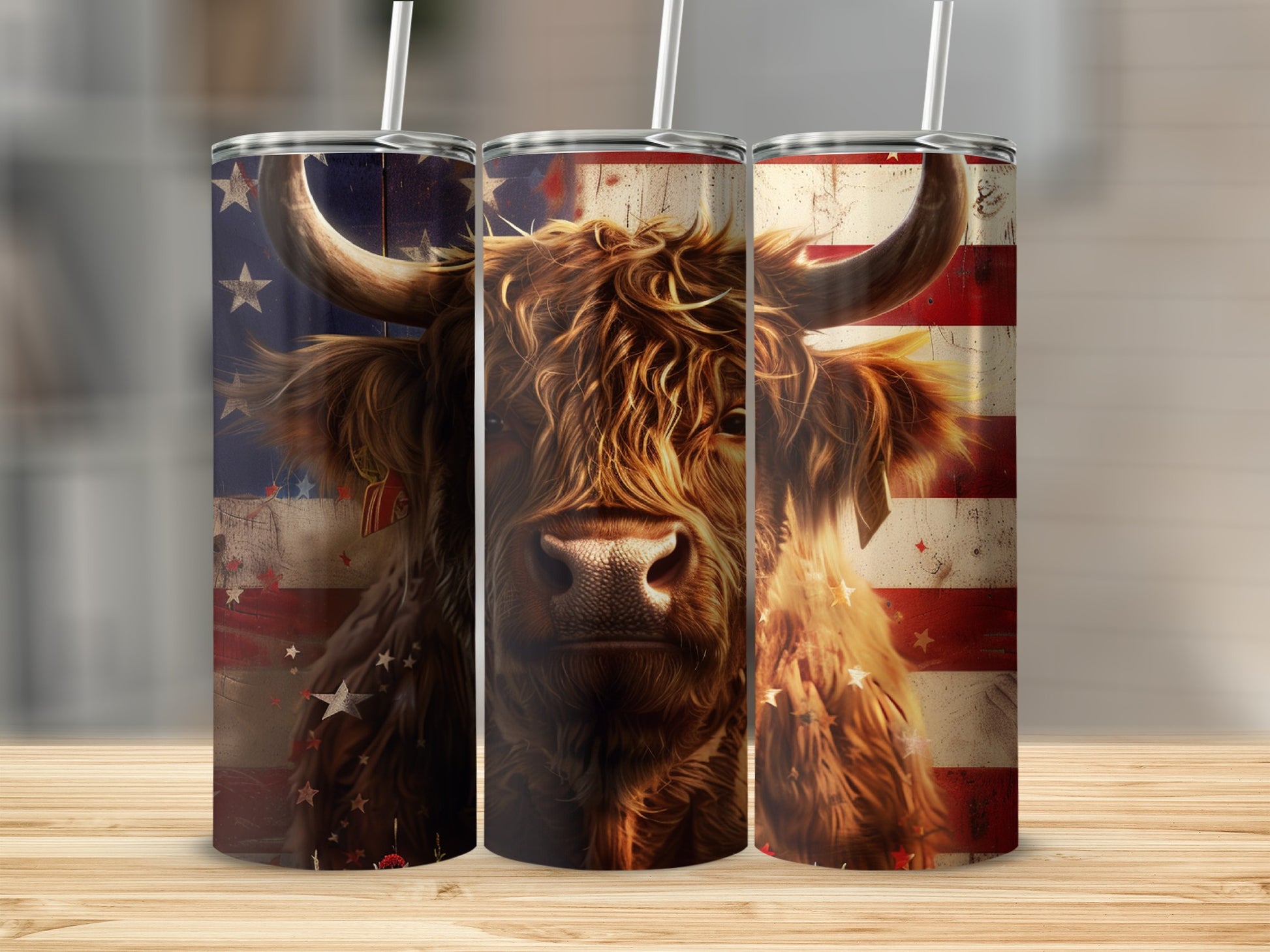 Highland cow with distressed American flag background on three tumblers.