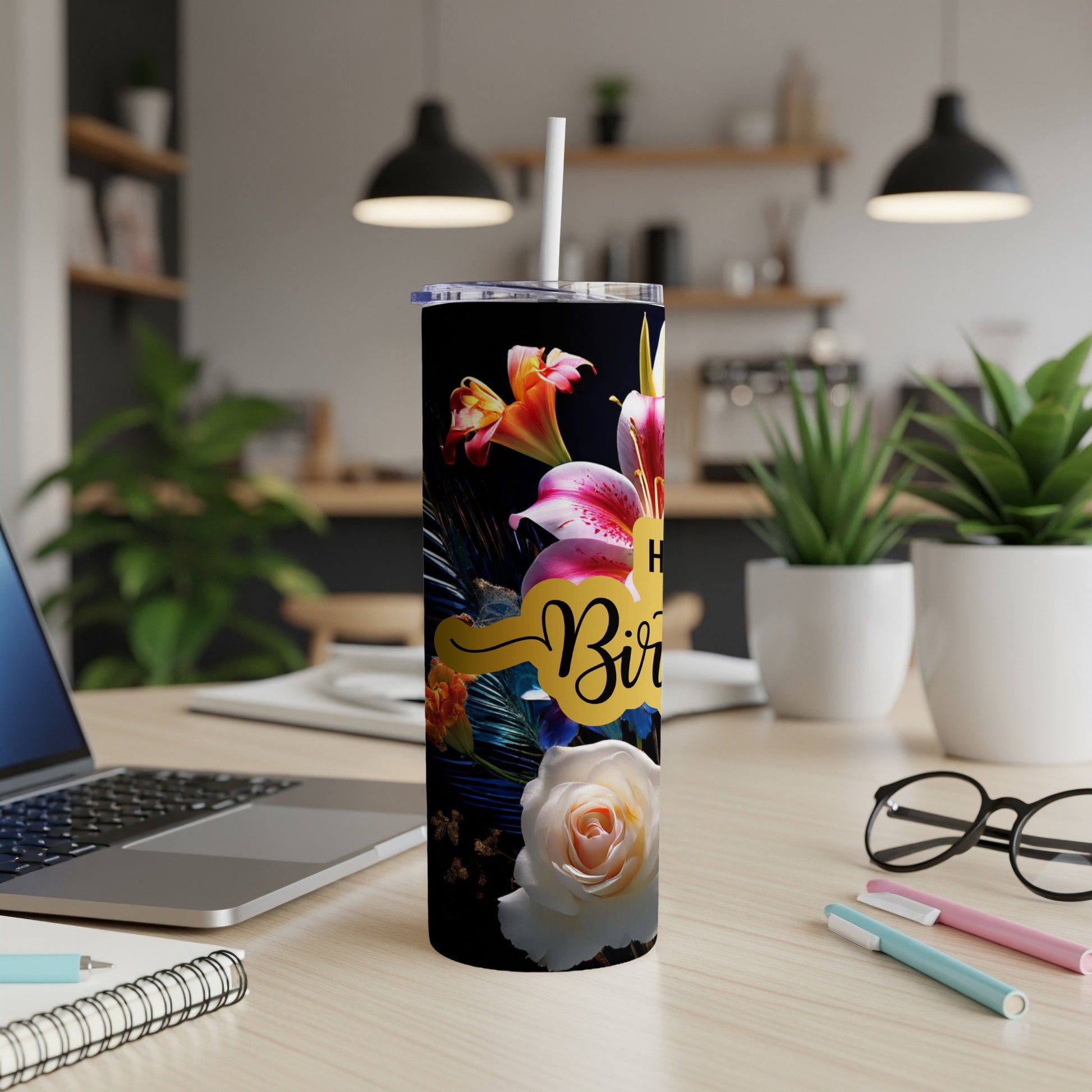 Black tumbler with floral design and "Happy Birthday" text.