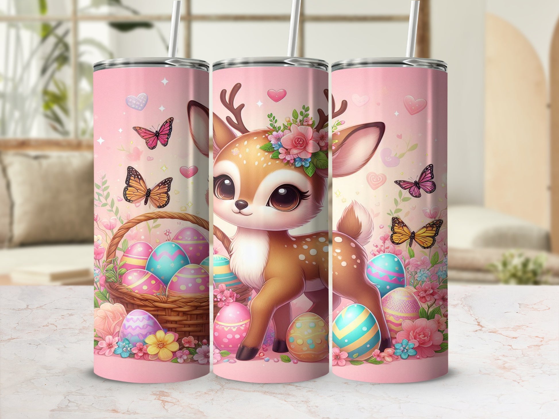 Cute deer with Easter eggs and butterflies on pink background.