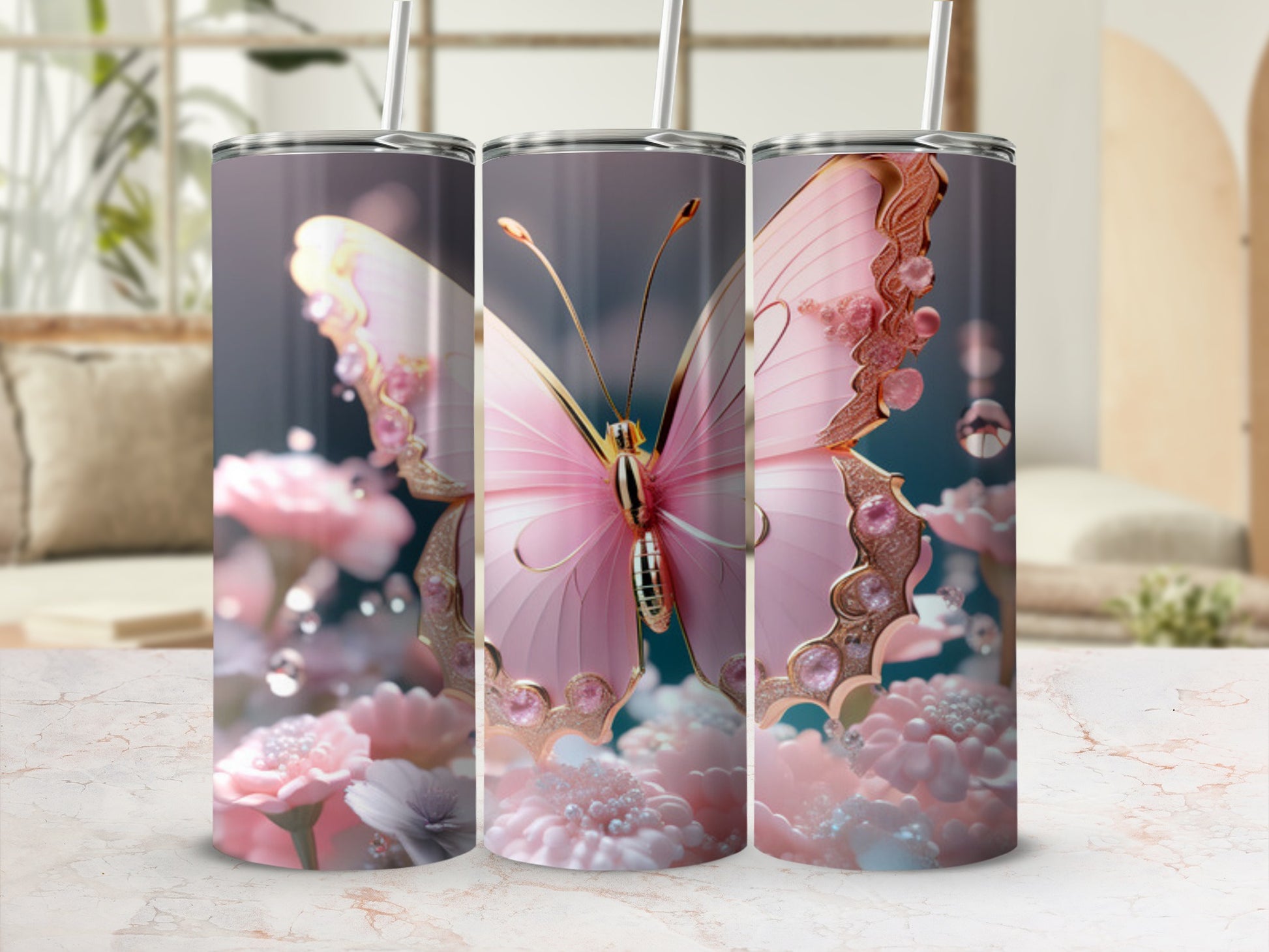 Pink butterfly with floral accents on a tumbler.