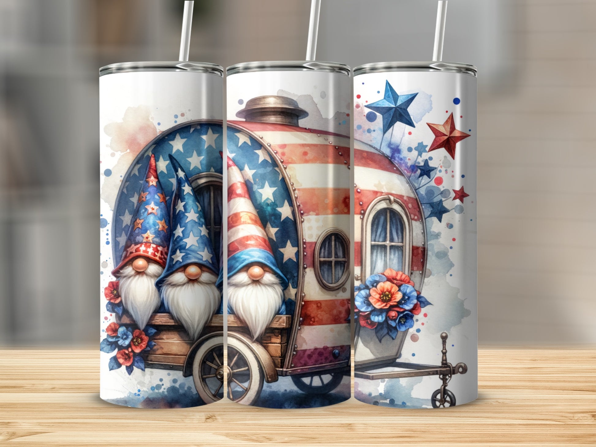 Three patriotic gnomes and a vintage camper with watercolor stars and flowers.