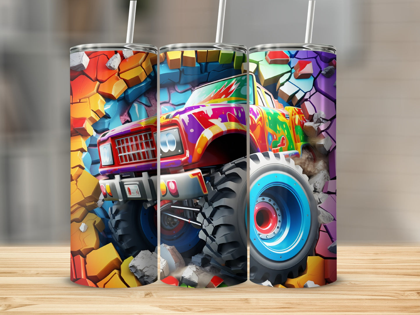 Colorful Monster Truck Breaking Wall Design Tumbler