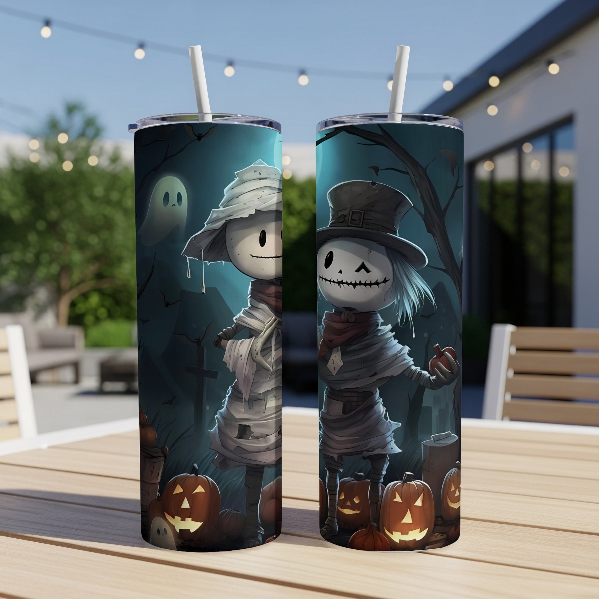 Two Halloween tumblers with ghost, pumpkin, and mummy designs.