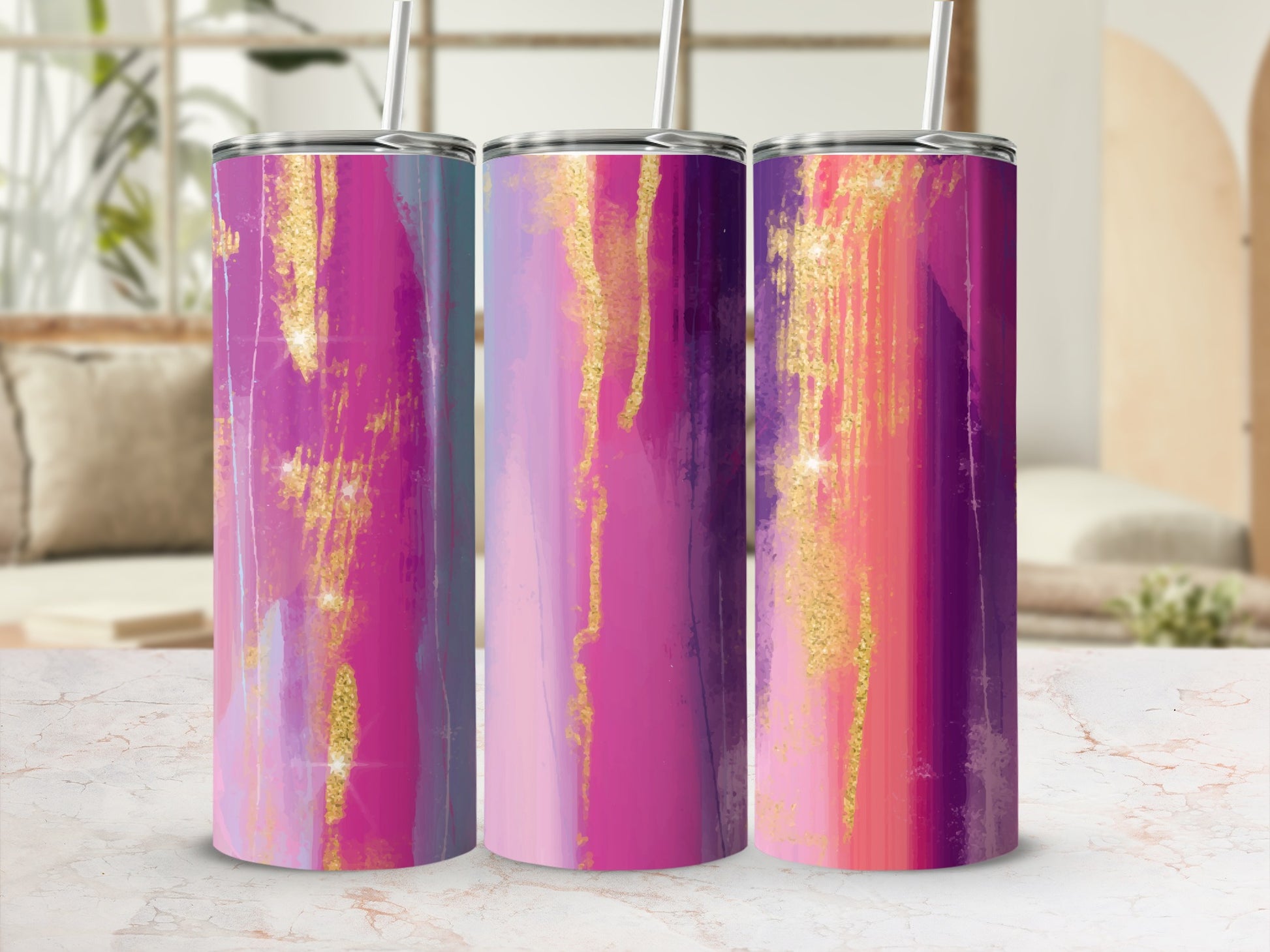 Three tumblers with abstract pink, purple, and gold brushstroke designs.