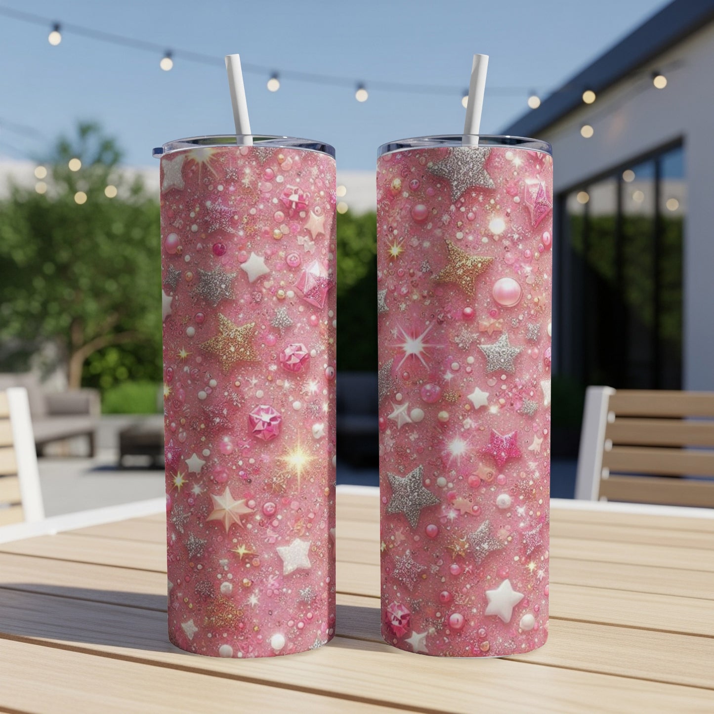 Two pink glitter tumblers with stars and gems on a wooden table.