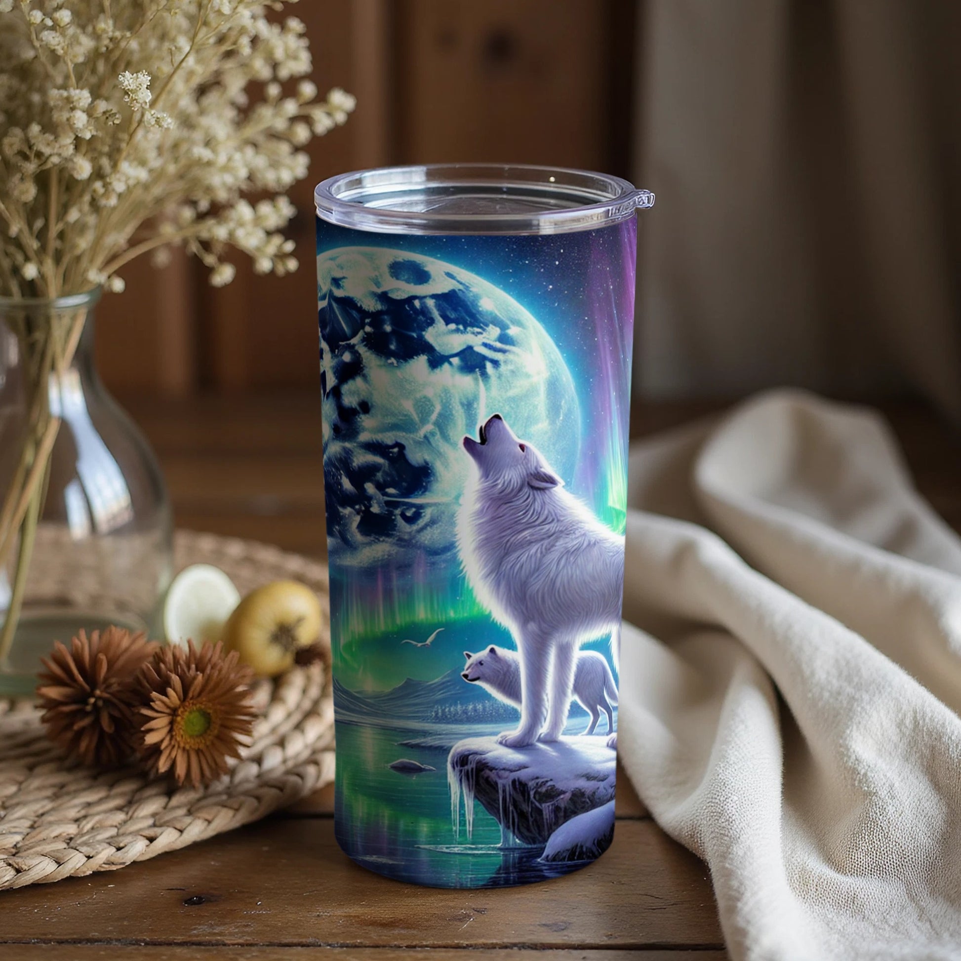 Mystical Howling White Wolves Under Moonlight Tumbler