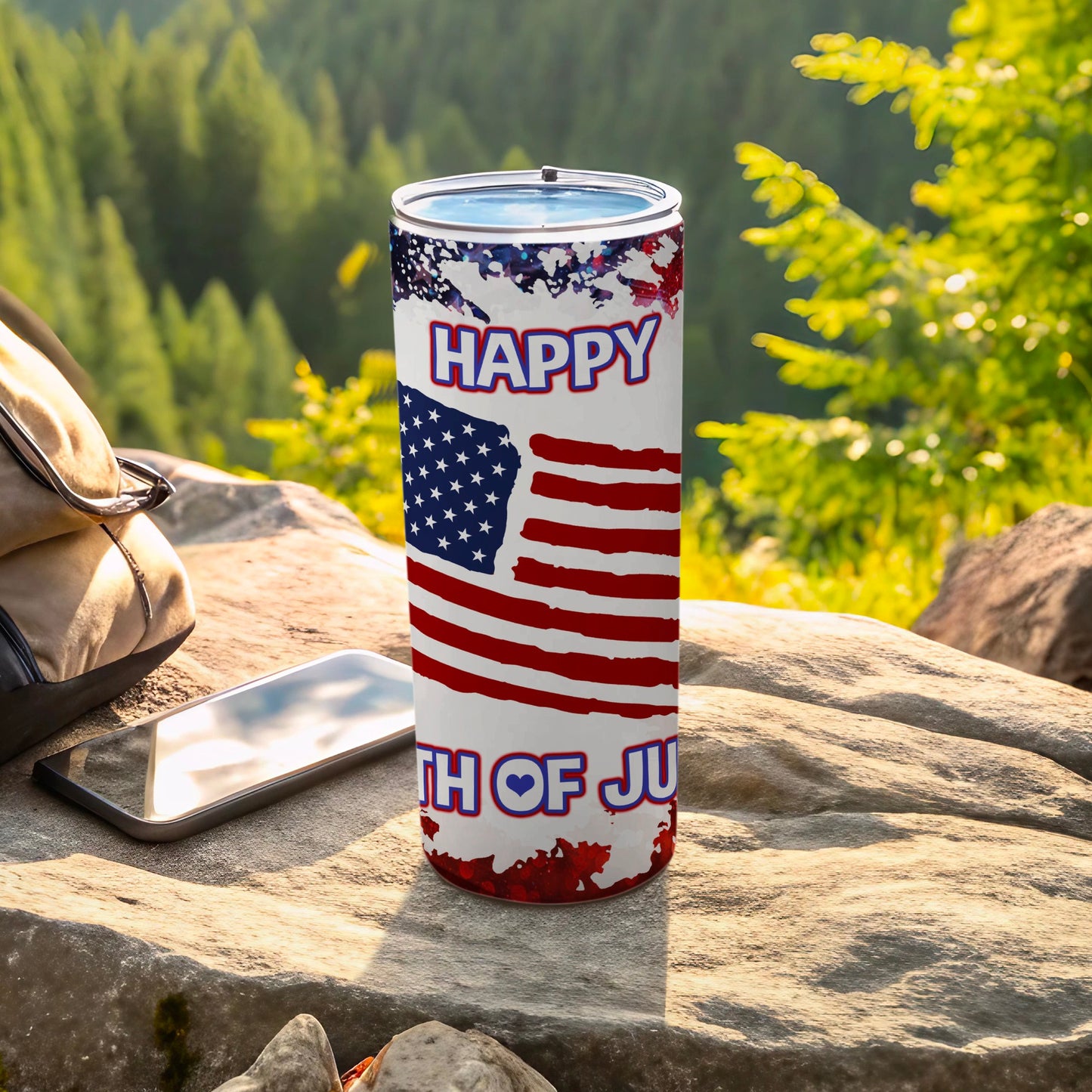 USA flag tumbler with "Happy Fourth of July" text.