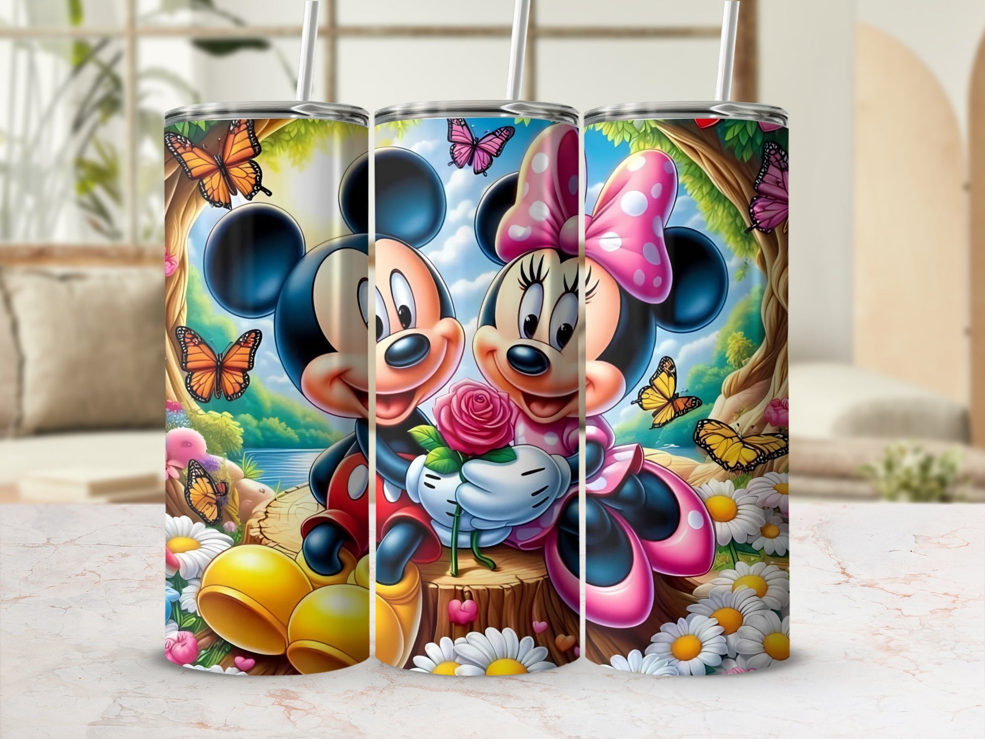 Colorful Mickey and Minnie Mouse Floral Tumbler
