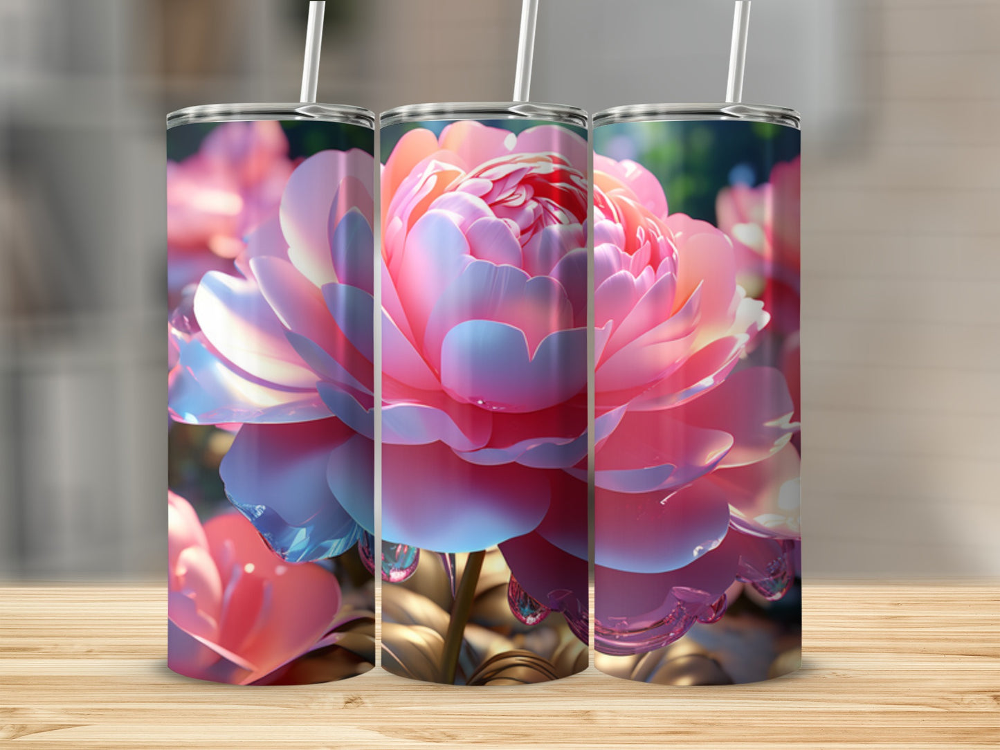 Three tumblers with a pink floral design, placed on a wooden surface.