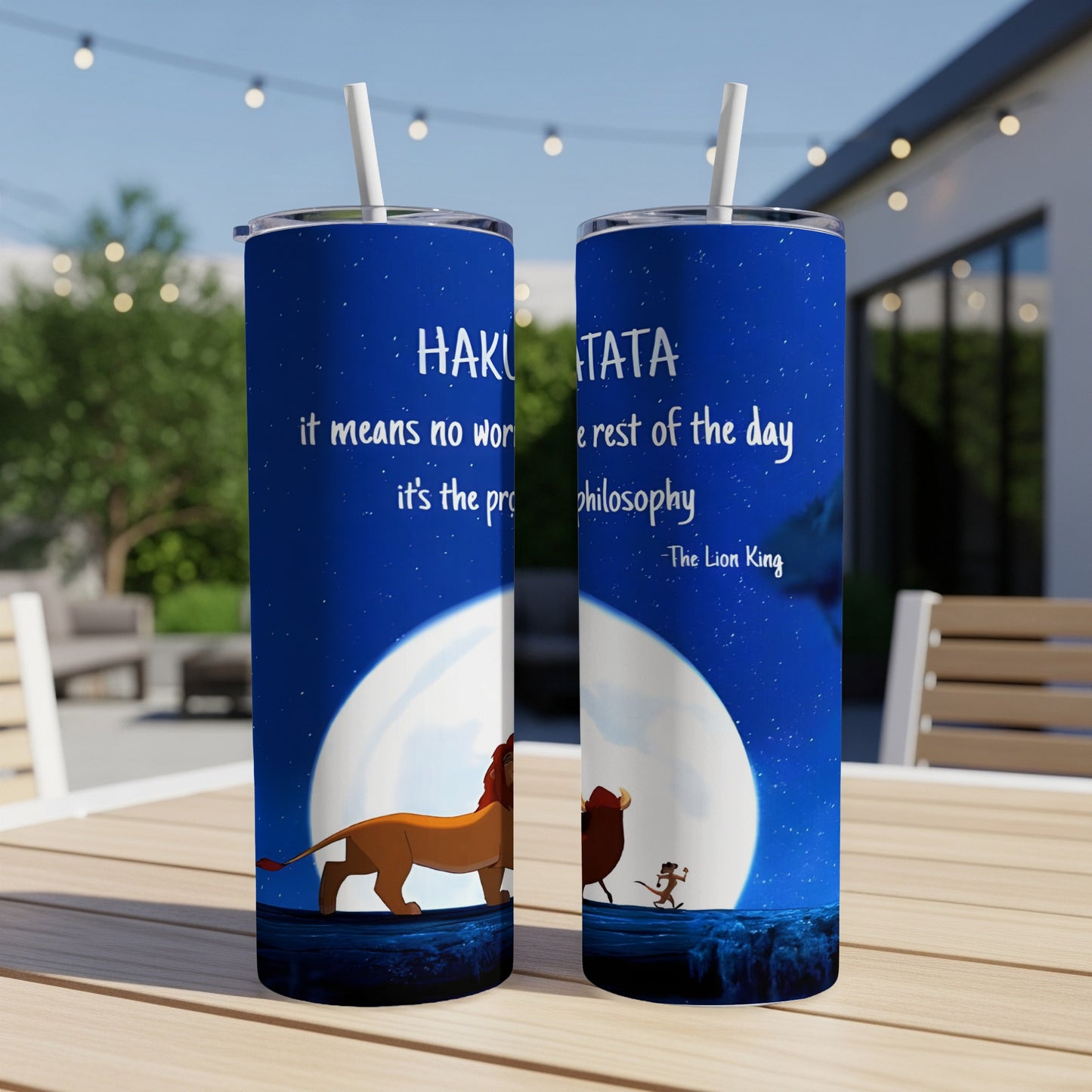 Tumbler with "Hakuna Matata" quote and Lion King characters against a full moon.