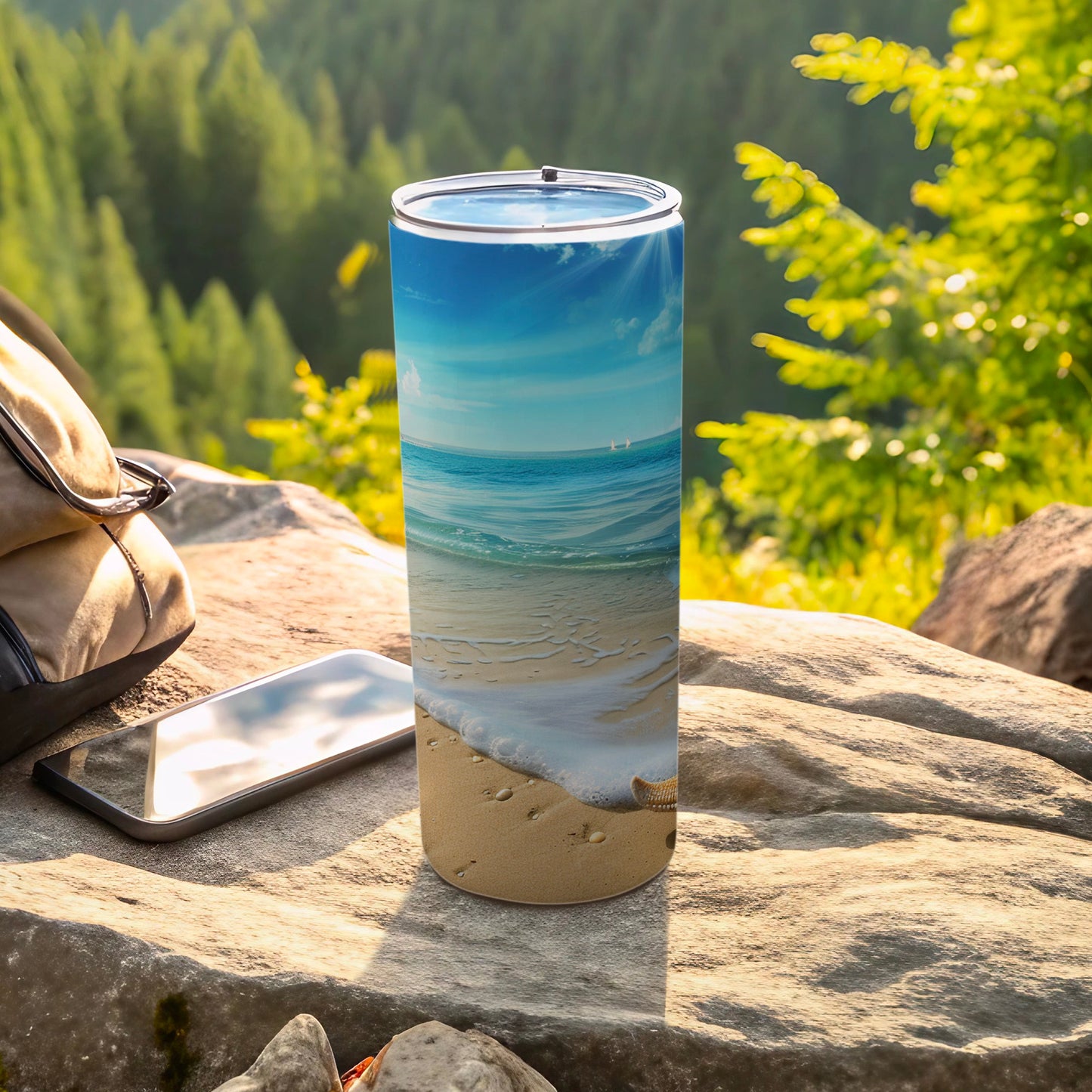 Beach scene tumbler with a seashell and wave on a rock.