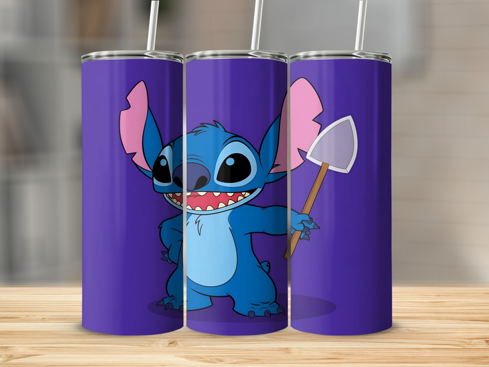Stitch character holding a shovel on a purple background.
