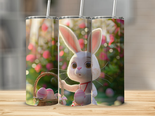 Cute cartoon Easter bunny with pink eggs in basket, floral background.