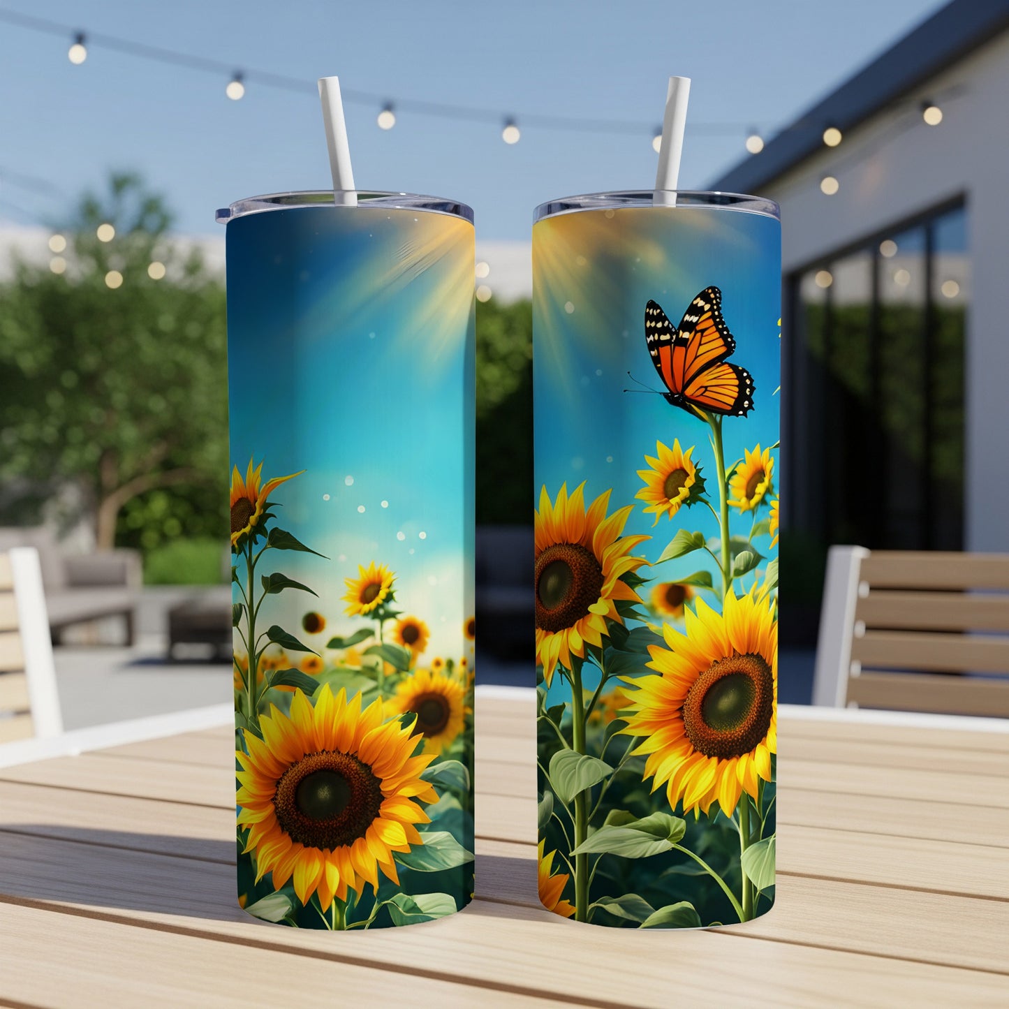 Two tumblers with sunflowers and a butterfly against a sunny sky.