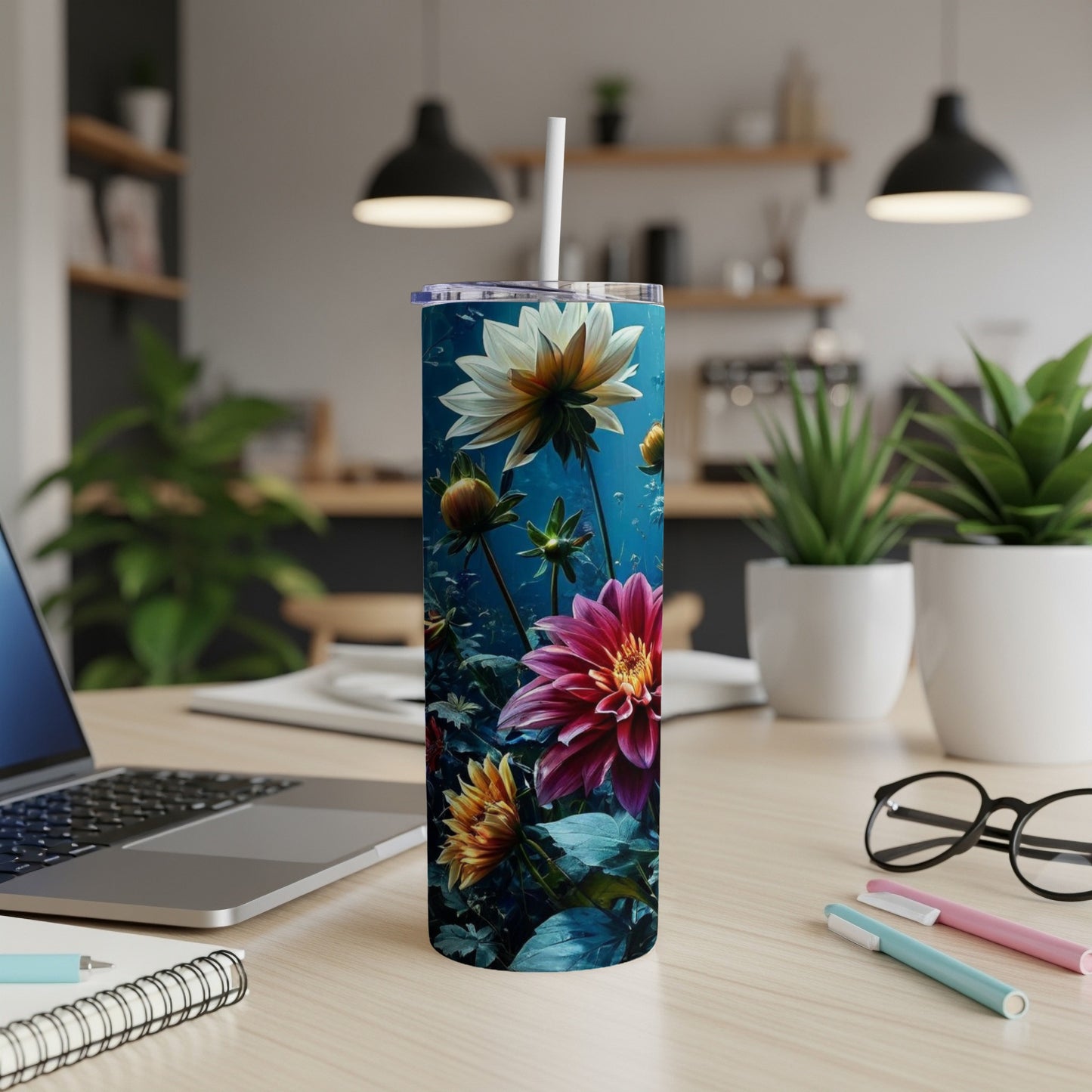 Tall tumbler with vibrant floral artwork of dahlias and greenery.